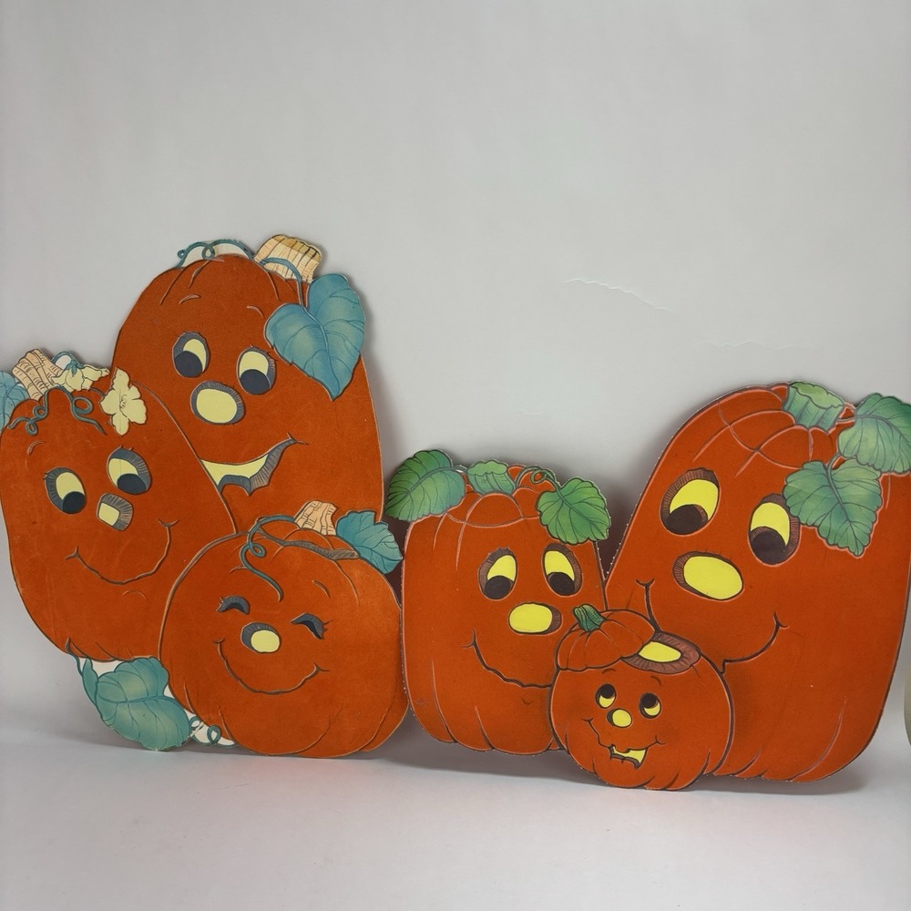 Vintage Flocked Halloween Decorations Pumpkins (2) 1980s Diecut